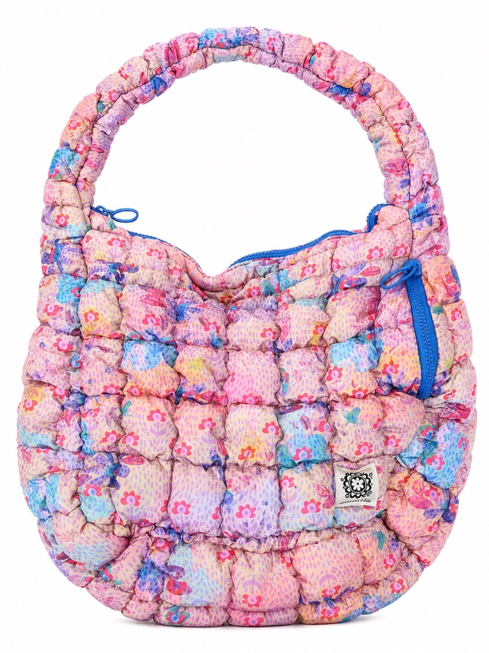 NATURAL LIFE Pink Quilted Floral Shoulder Bag with Blue Trim